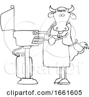 Cartoon Lineart Cow Cooking On A BBQ