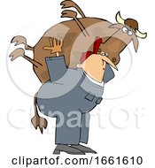 Poster, Art Print Of Cartoon White Male Farmer Carrying A Cow
