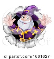 Poster, Art Print Of Wizard Mascot Breaking Through Background Cartoon