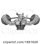 Poster, Art Print Of Rhino Mascot Weight Lifting Barbell Body Builder
