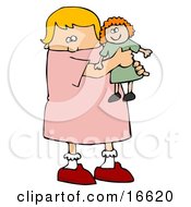 Little Blond Caucasian Girl Child Holding And Hugging Her Red Haired Doll Toy While Playing Clipart Image Graphic