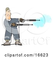 Mischievious Adult Caucasian Man In Blue Coveralls Playing With Two Power Washer Or Pressure Washer Nozzles And Spraying Them Like Guns