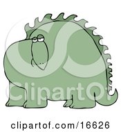 Big Green Dinosaur With Spikes Along His Back Looking At The Viewer With A Bored Or Sad Expression