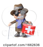 3d Cartoon Blind Man Character Comes To The Rescue With A First Aid Kit