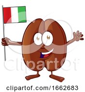 Cartoon Coffee Bean Mascot Holding An Italian Flag