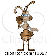 Ant Bug Mascot Cartoon Character Holding His Hand Up To His Face And Whispering