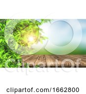 Poster, Art Print Of 3d Wooden Table And Leaves Against A Defocussed Landscape Background