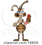 Clipart Picture Of An Ant Bug Mascot Cartoon Character Pointing To A Red Telephone Reciever by Toons4Biz