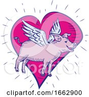 Poster, Art Print Of Pig With Wings Flying Heart Doodle