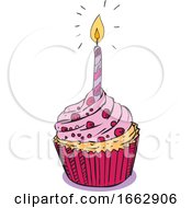 Poster, Art Print Of Birthday Muffin Cake With Candle Drawing