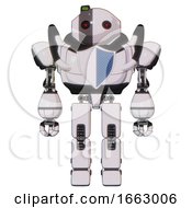 Poster, Art Print Of Mech Containing Oval Wide Head And Small Red Led Eyes And Green Led Ornament And Heavy Upper Chest And Blue Shield Defense Design And Prototype Exoplate Legs