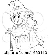 Black And White Halloween Witch With A Cat On Her Shoulder