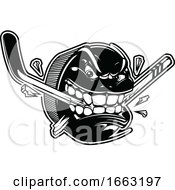 Black And White Hockey Puck Character Biting A Stick