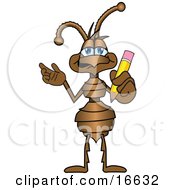 Ant Bug Mascot Cartoon Character Holding A Pencil