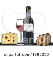 Poster, Art Print Of Wine Bottle Glass Bread And Cheese