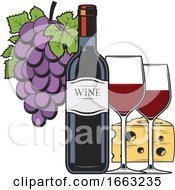 Poster, Art Print Of Wine Bottle Glass Grapes And Cheese