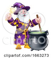 Poster, Art Print Of Wizard With Wand And Cauldron Cartoon