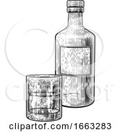 Drink Bottle And Glass In Vintage Woodcut Style