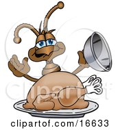Ant Bug Mascot Cartoon Character Serving A Thanksgiving Turkey On A Platter