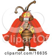 Clipart Picture Of An Ant Bug Mascot Cartoon Character Wearing A Mask And Red Super Hero Cape by Toons4Biz