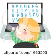 Poster, Art Print Of Kid Girl Play Laptop Alphabet Illustration