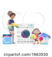 Poster, Art Print Of Kid Girl Mom Help Washing Clothes Illustration