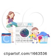 Kid Girl Mom Help Washing Clothes Illustration