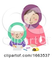 Poster, Art Print Of Kid Girl Muslim Mom Draw Illustration