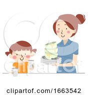 Poster, Art Print Of Kid Girl Mom Help Clearing Table Illustration