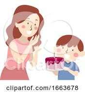 Poster, Art Print Of Kid Boy Mom Surprise Birthday Cake Illustration