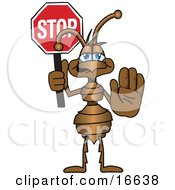 Clipart Picture Of An Ant Bug Mascot Cartoon Character With His Hand Out Holding A Stop Sign by Toons4Biz #COLLC16638-0015