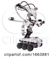 Poster, Art Print Of Automaton Containing Flat Elongated Skull Head And Cables And Light Chest Exoshielding And Rubber Chain Sash And Blue-Eye Cam Cable Tentacles And Six-Wheeler Base