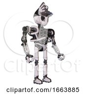 Poster, Art Print Of Robot Containing Grey Alien Style Head And Black Eyes And Alien Bug Creature Hat And Heavy Upper Chest And No Chest Plating And Ultralight Foot Exosuit