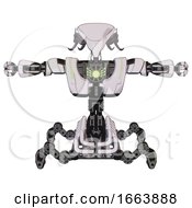 Poster, Art Print Of Cyborg Containing Flat Elongated Skull Head And Cables And Heavy Upper Chest And Heavy Mech Chest And Green Energy Core And Insect Walker Legs White Halftone Toon