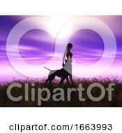 Poster, Art Print Of 3d Female And Her Pet Dog In A Sunset Landscape