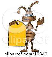 Ant Bug Mascot Cartoon Character Holding Out A Yellow Sales Price Tag