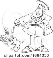 Cartoon Lineart Dog Catcher WIth A Pooch On A Leash
