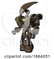 Poster, Art Print Of Mech Containing Flat Elongated Skull Head And Heavy Upper Chest And Heavy Mech Chest And Green Energy Core And Light Leg Exoshielding And Stomper Foot Mod Light Brown Halftone Facing Right View