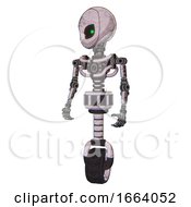 Poster, Art Print Of Cyborg Containing Grey Alien Style Head And Green Inset Eyes And Light Chest Exoshielding And No Chest Plating And Unicycle Wheel Sketch Pad Standing Looking Right Restful Pose