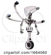 Poster, Art Print Of Automaton Containing Flat Elongated Skull Head And Light Chest Exoshielding And Blue-Eye Cam Cable Tentacles And No Chest Plating And Unicycle Wheel White Halftone Toon Hero Pose
