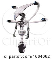 Poster, Art Print Of Automaton Containing Flat Elongated Skull Head And Light Chest Exoshielding And Blue-Eye Cam Cable Tentacles And No Chest Plating And Unicycle Wheel White Halftone Toon