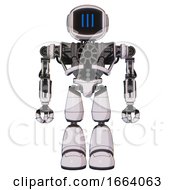 Poster, Art Print Of Mech Containing Digital Display Head And Three Vertical Line Design And Heavy Upper Chest And No Chest Plating And Light Leg Exoshielding White Halftone Toon Front View