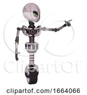 Poster, Art Print Of Cyborg Containing Grey Alien Style Head And Green Inset Eyes And Light Chest Exoshielding And No Chest Plating And Unicycle Wheel Sketch Pad Pointing Left Or Pushing A Button