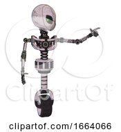 Cyborg Containing Grey Alien Style Head And Green Inset Eyes And Light Chest Exoshielding And No Chest Plating And Unicycle Wheel Sketch Pad Pointing Left Or Pushing A Button