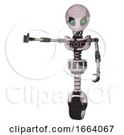 Poster, Art Print Of Cyborg Containing Grey Alien Style Head And Green Inset Eyes And Light Chest Exoshielding And No Chest Plating And Unicycle Wheel Sketch Pad Arm Out Holding Invisible Object