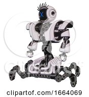 Poster, Art Print Of Mech Containing Digital Display Head And X Face And Eye Lashes Deco And Heavy Upper Chest And Heavy Mech Chest And Insect Walker Legs White Halftone Toon Standing Looking Right Restful Pose