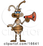 Clipart Picture Of An Ant Bug Mascot Cartoon Character With A Red Megaphone Or Bullhorn by Toons4Biz