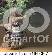 3d Penguin Samurai Warrior Character In Full Armour Standing Beneath A Bonsai Fir Tree 3d Illustration
