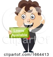 Poster, Art Print Of Young Business Man With Loans Available Sign