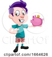 Poster, Art Print Of Boy With Piggy Bank